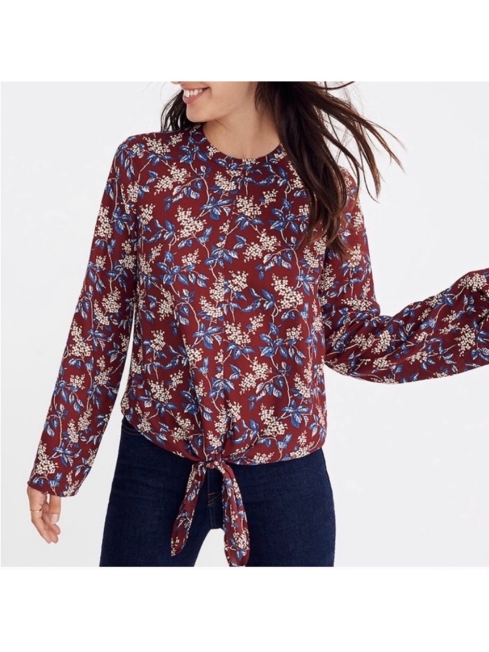 Madewell Bell Sleeve Tie Front Top Blouse Shirt in Burgundy Antique Floral Small